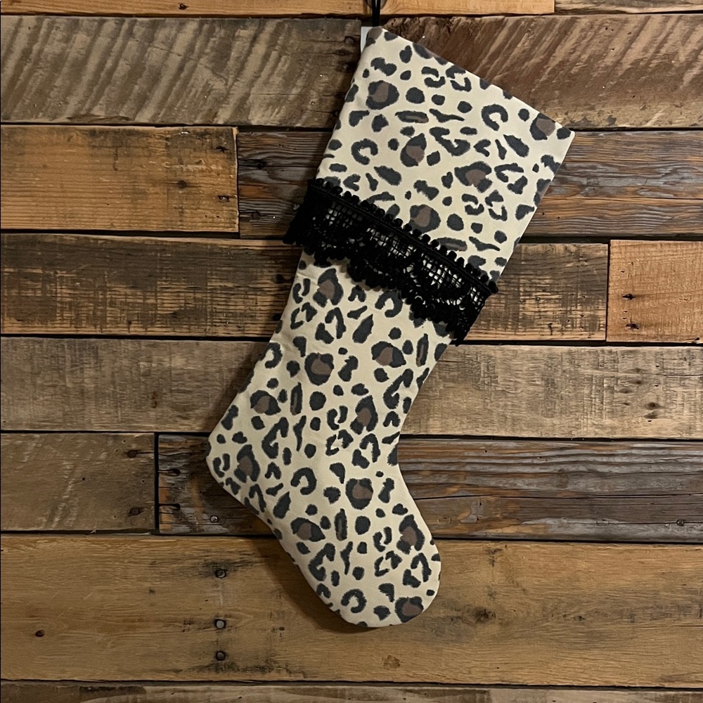 Leopard Print Christmas Stocking with Black Lace